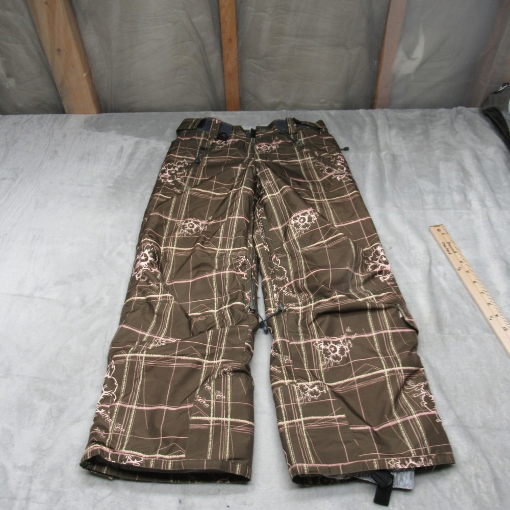 Turbine Snow Pants Girls‎ Medium Brown Plaid Floral Insulated Ski Winter 30x24